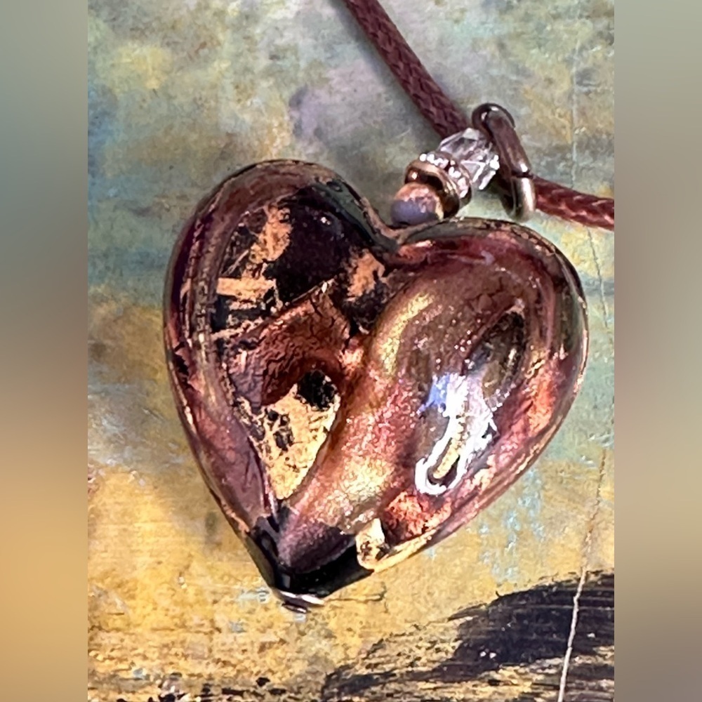 Hand Crafted Heart Pendant Necklace Puffy Blown Art Glass Brown 16-18 Chain 5518